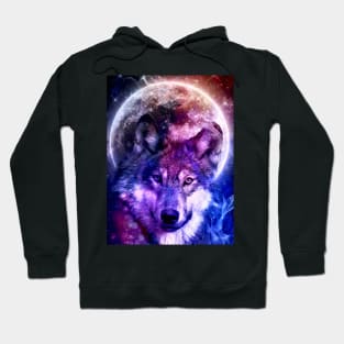 Mystical Wolf Face in Front of the Moon and galaxy Hoodie